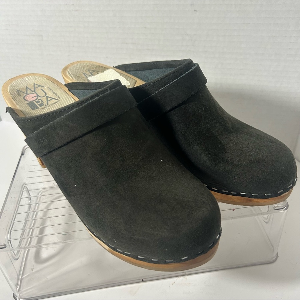 MAGUBA Black Suede Clogs Wooden Heel Sweden Dark Brown Boho Hippie EU 38  US 7